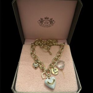 Y2K vintage Juicy Couture Gold and White Heart Charm Necklace lucky lady w/ Box